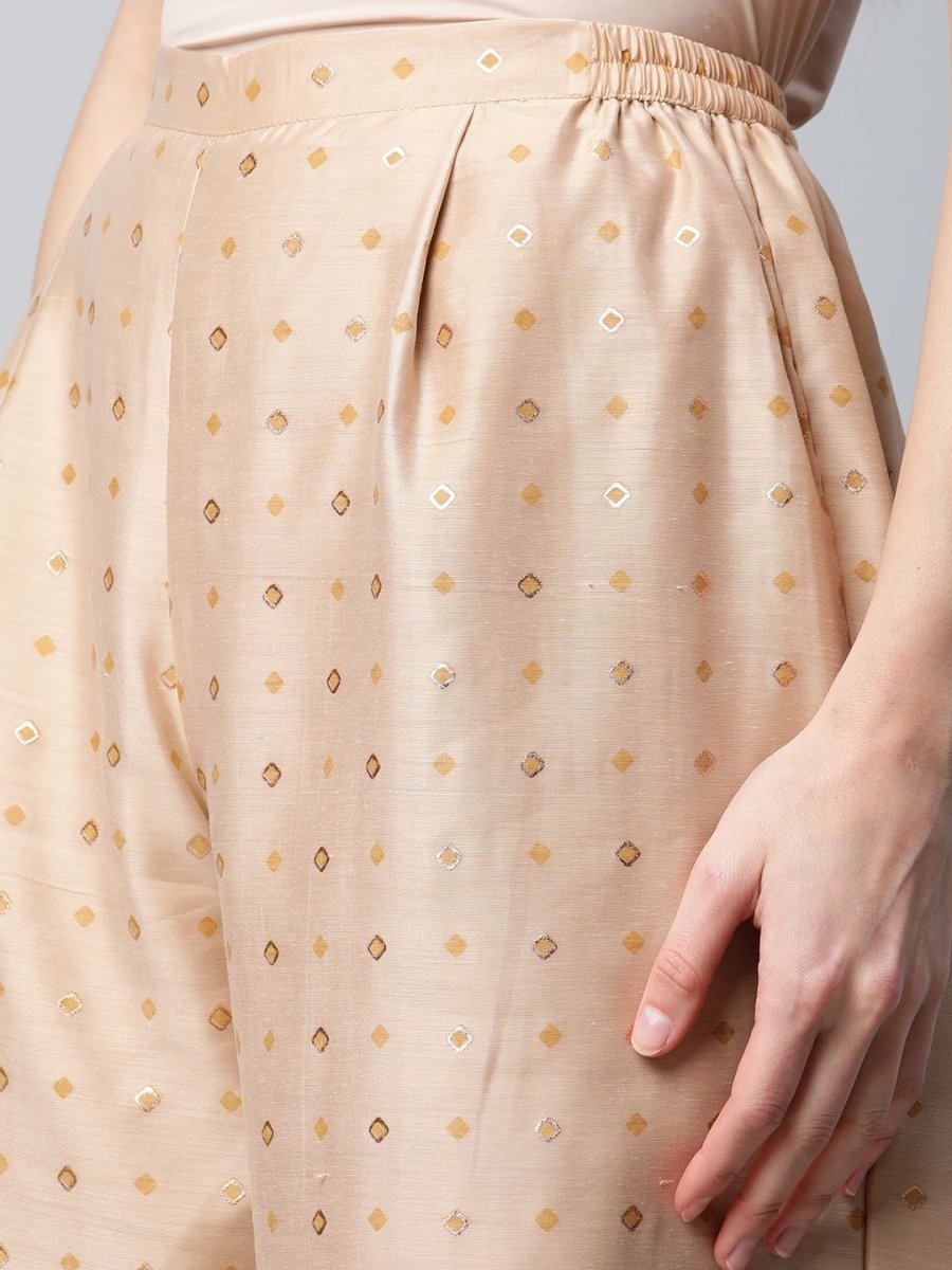 Ahalyaa Womens Beige Chanderi Kurta Palazzo Set with Dupatta | Swadesiicart