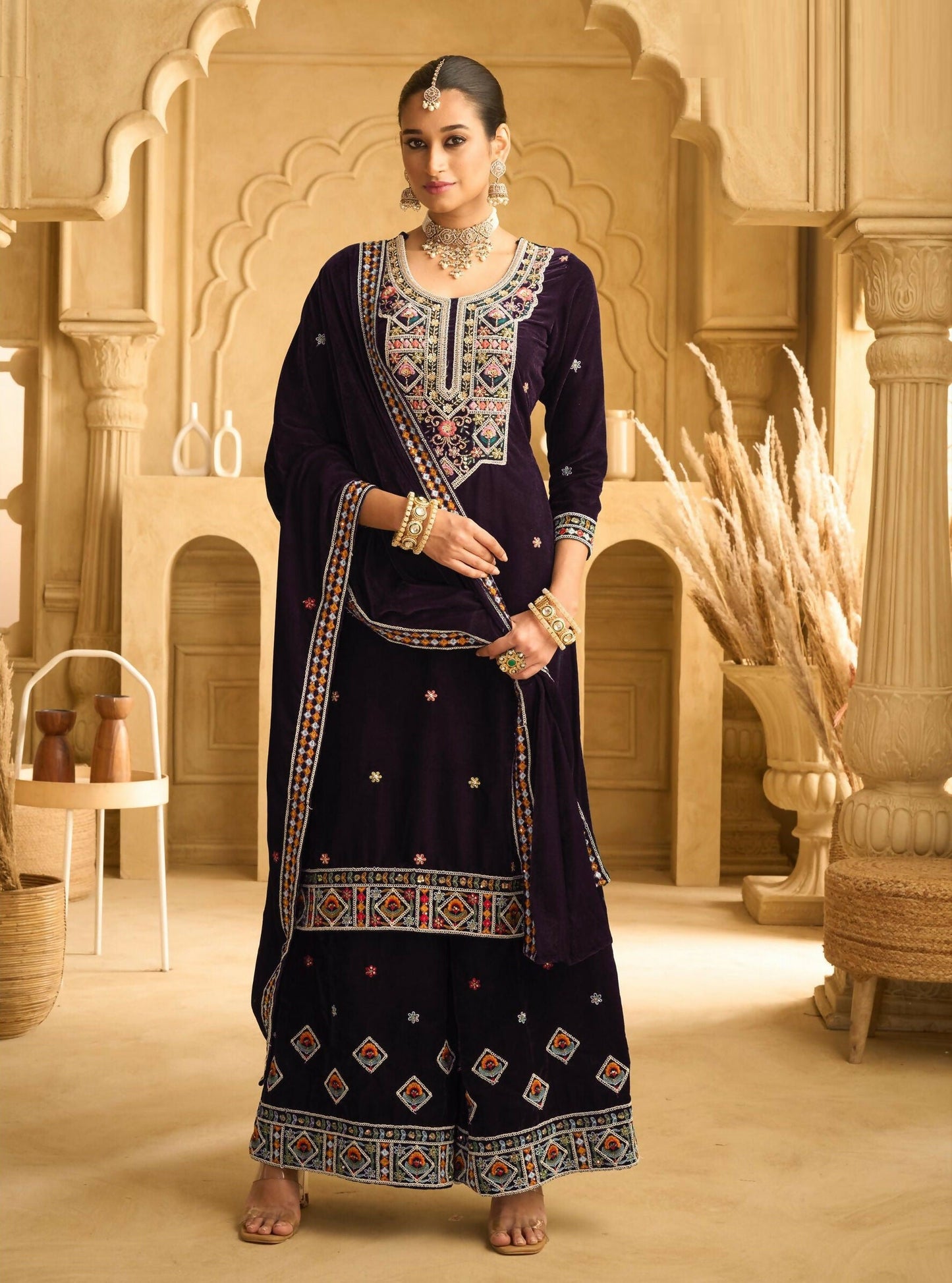 Anaita Dark Wine Embroidered with beads Velvet Stitched Plazo Suit