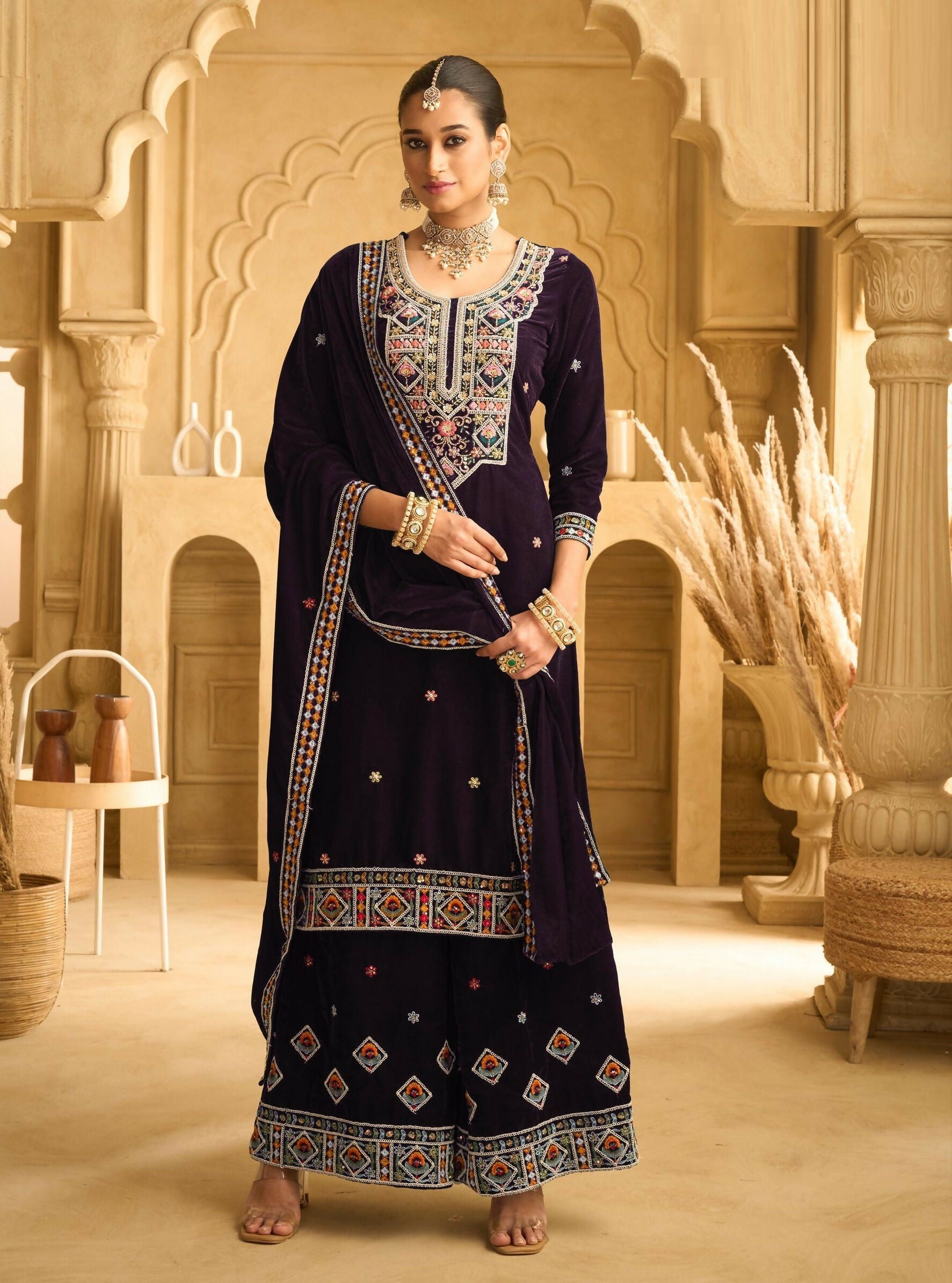 Anaita Dark Wine Embroidered with beads Velvet Stitched Plazo Suit