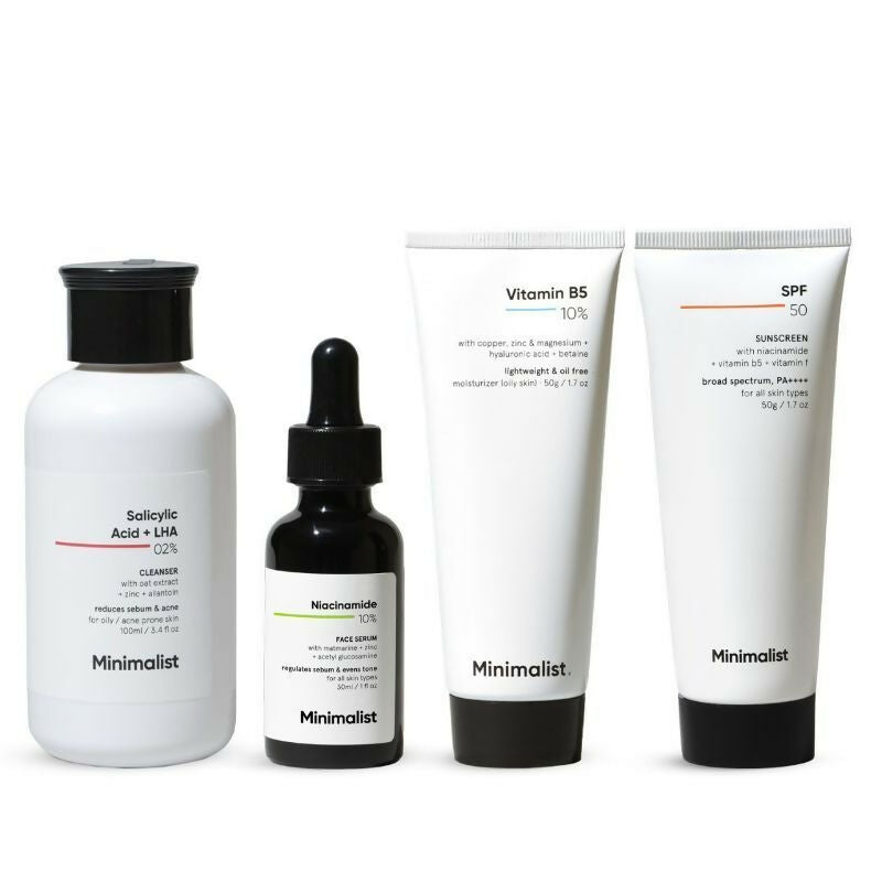 Minimalist Daily Skincare Routine CSMS (Cleanser, Serum, Moisturizer, Sunscreen) Combo For Oily & Acne Prone Skin | Swadesiicart