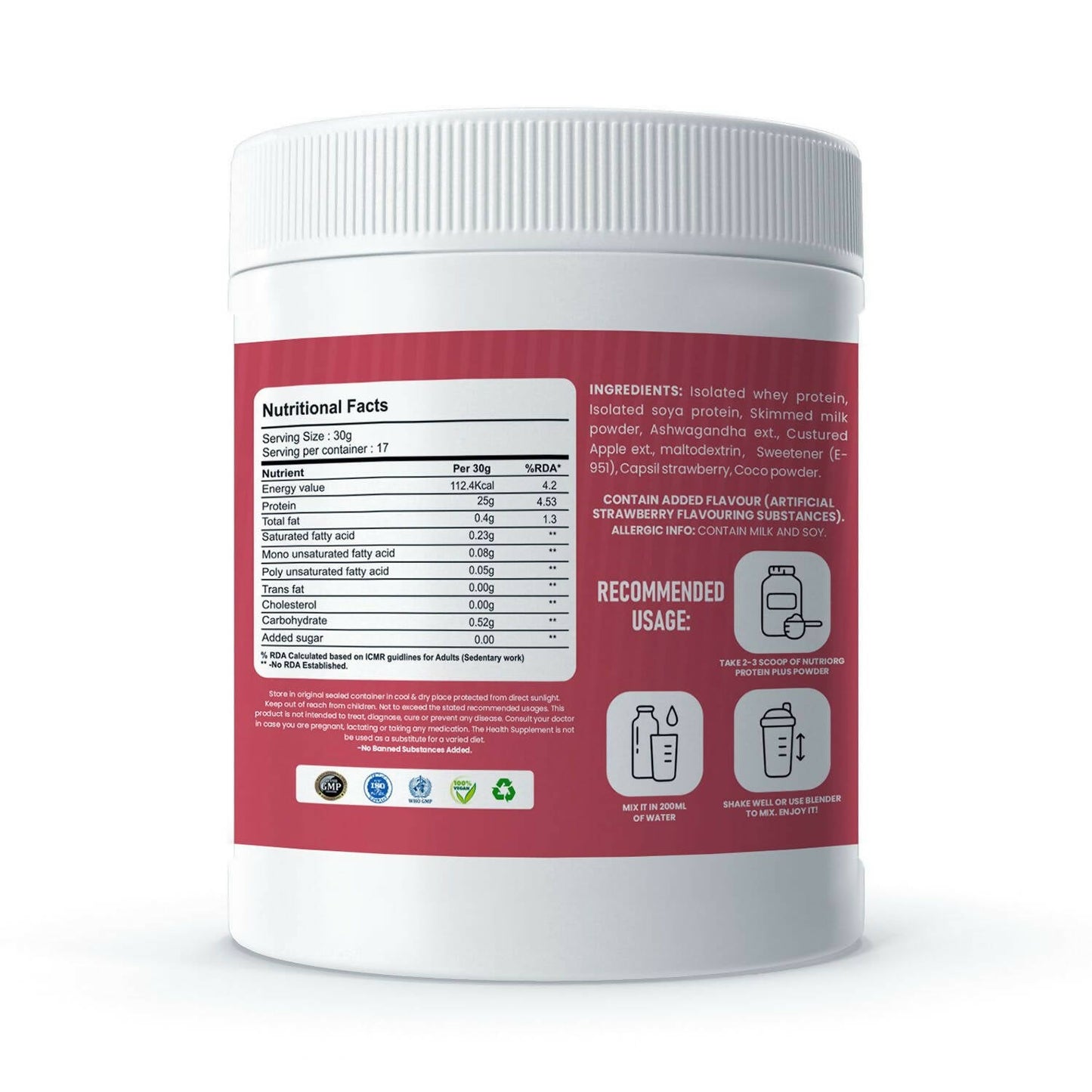 Nutriorg Protein Plus Strawberry Flavor Powder - Swadesiicart