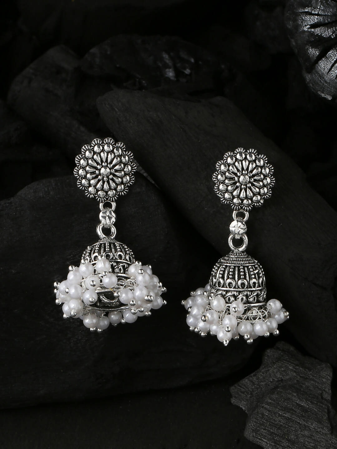 NVR Women Silver Toned Dome Shaped Jhumkas Earrings | Swadesiicart