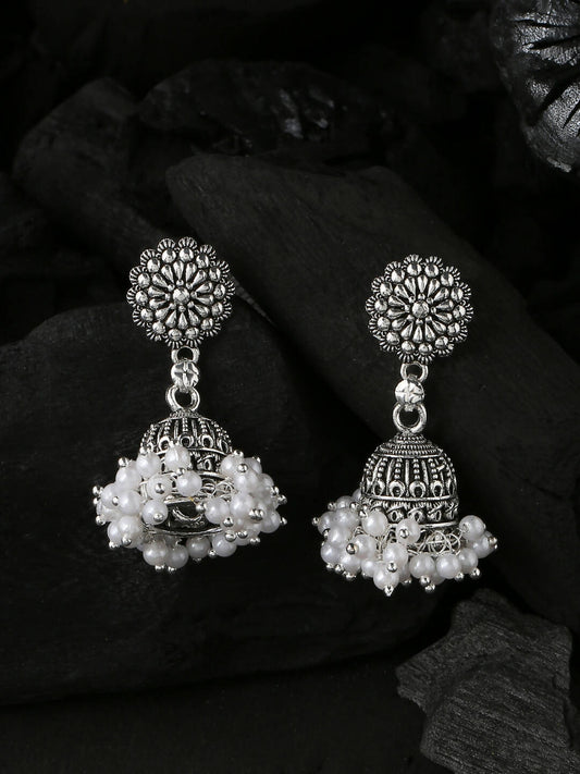 NVR Women Silver Toned Dome Shaped Jhumkas Earrings | Swadesiicart