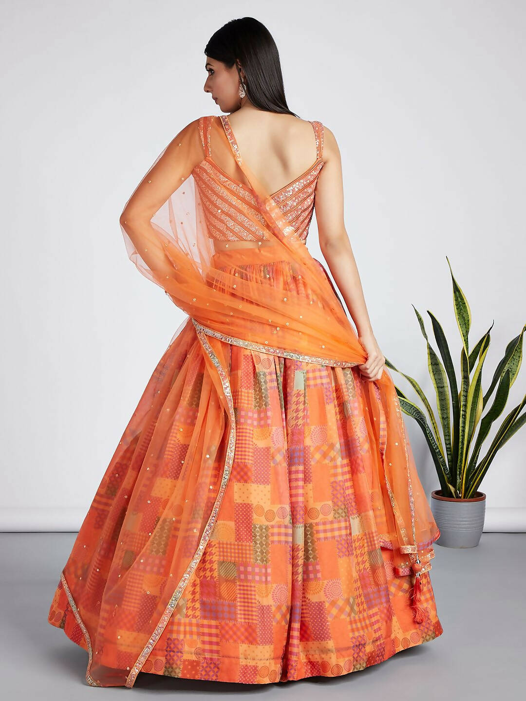 House of Panchhi Orange colour Organza Treditional design digital print Semi-Stitched Lehenga choli & Dupatta | Swadesiicart