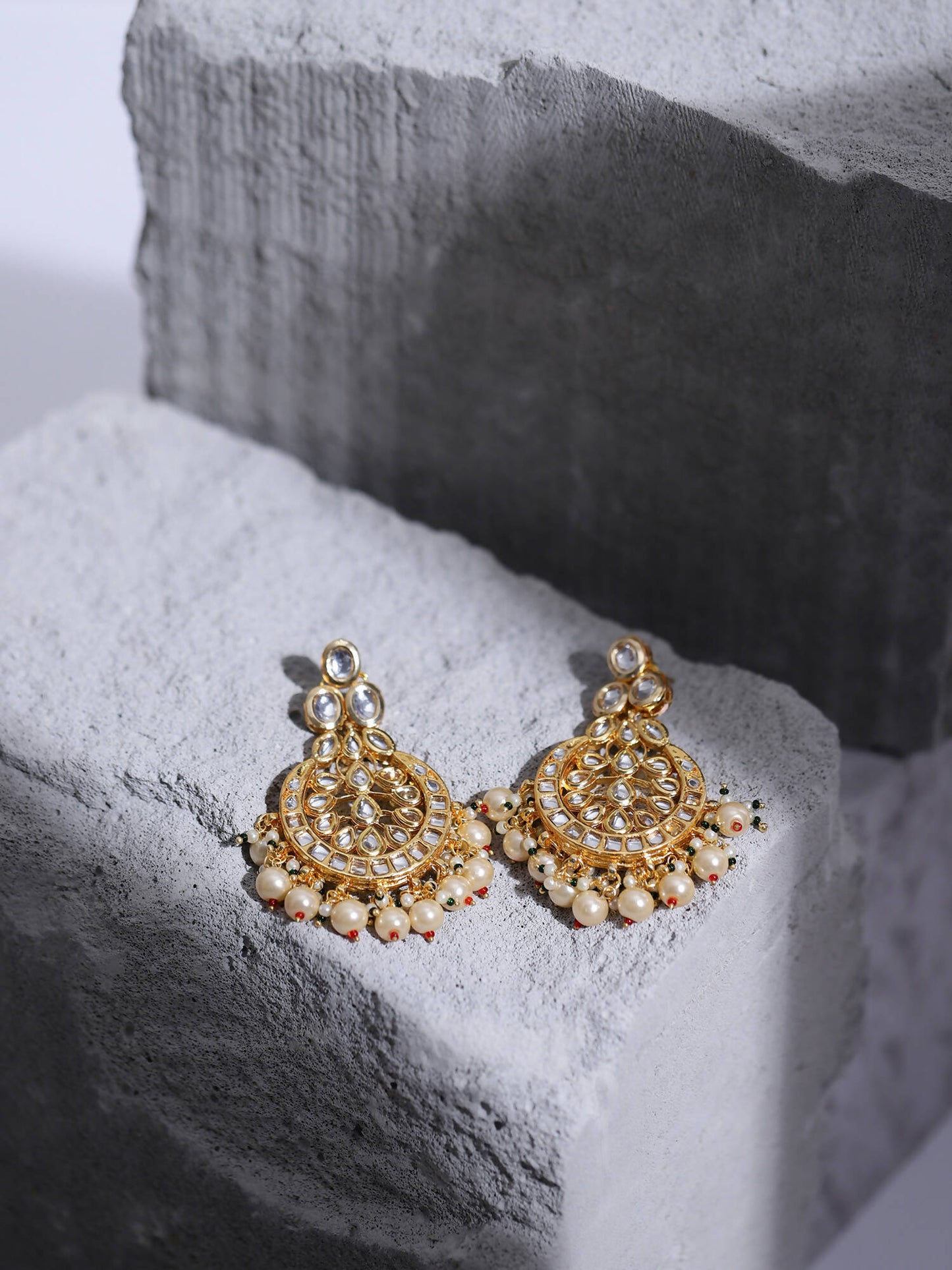 Gold-Toned White Kundan Contemporary Gold-Polished Chandbalis Earrings - Ruby Raang - Swadesiicart
