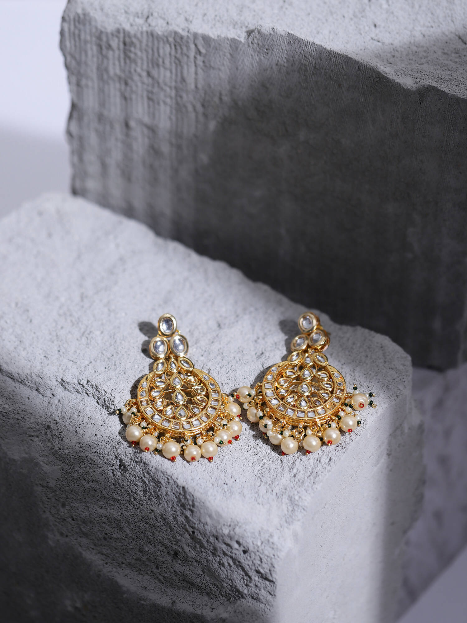Gold-Toned White Kundan Contemporary Gold-Polished Chandbalis Earrings - Ruby Raang - Swadesiicart
