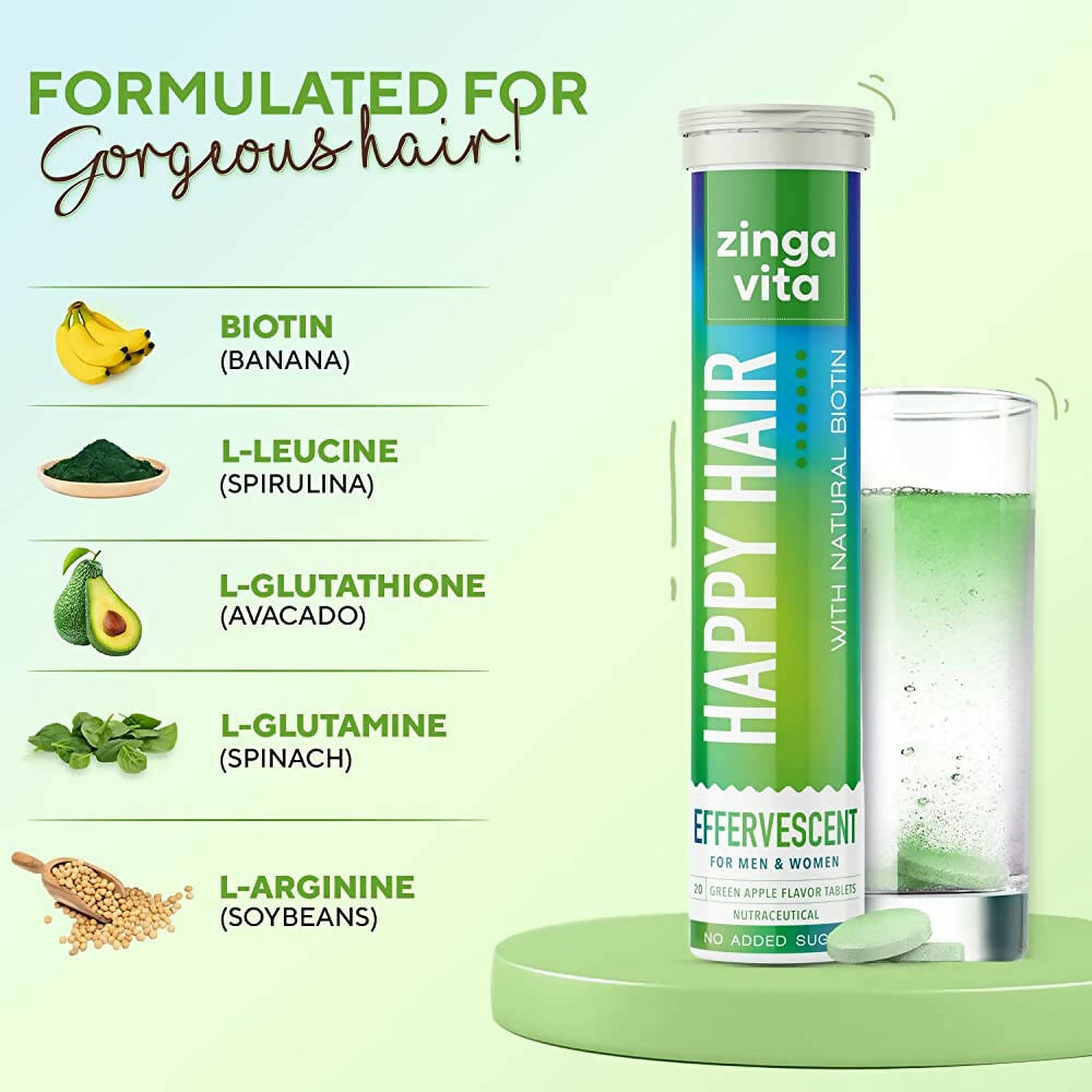 Zingavita Happy Hair Biotin Effervescent Tablets (Green Apple Flavor) Sugar Free | Swadesiicart