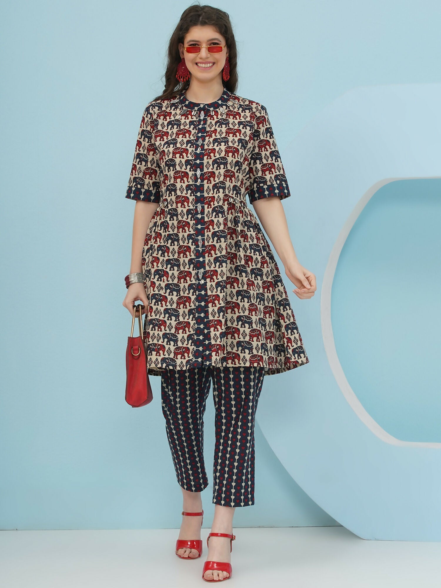 Joban Fashion Elephant Printed Co Ord Set - Beige - Swadesiicart