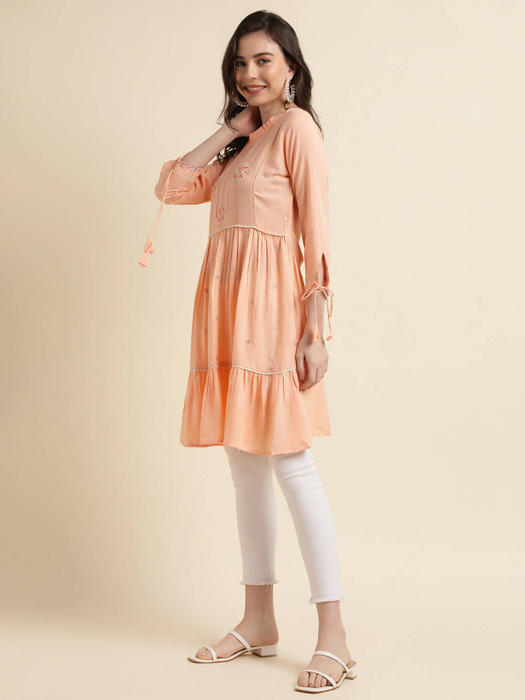 Peach Poly Cotton Yoke Embroidered A-line Top - Tarini - Swadesiicart