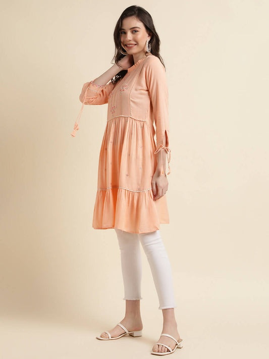 Peach Poly Cotton Yoke Embroidered A-line Top - Tarini - Swadesiicart
