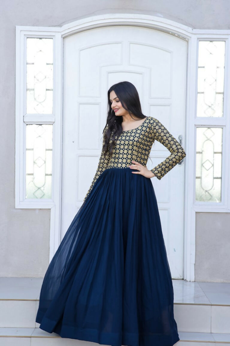 Jyoti Fashion Women's Navy Blue Sequence Zari Embroidered Faux Blooming Anarkali Dress | Swadesiicart