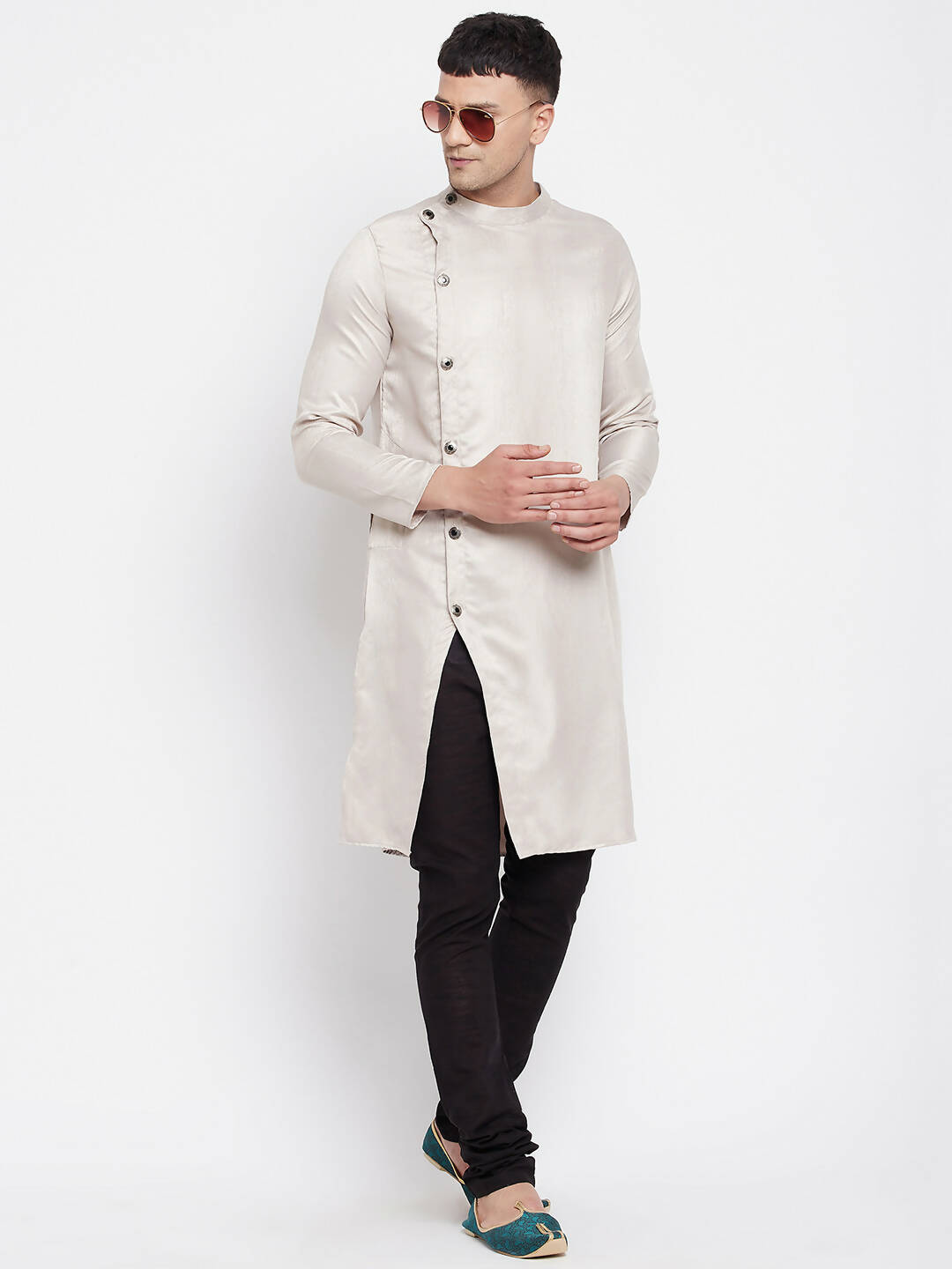 Even Apparels Beige Rayon Men's Sherwani Kurta With Asymetrical Cut | Swadesiicart