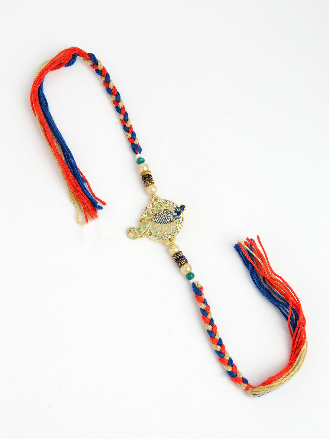 NVR Men Gold-Toned Peacock Design Stone-Studdded Rakhi With Roli Chawal & Chocolate | Swadesiicart