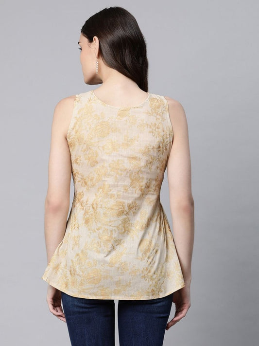 Ahalyaa Women Beige Cotton Gold Printed Tunic | Swadesiicart