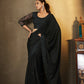 Black Satin Silk Floral Embroidered with Swaroski Work Saree With Unstitched Blouse Piece - Norita Royal Erisha