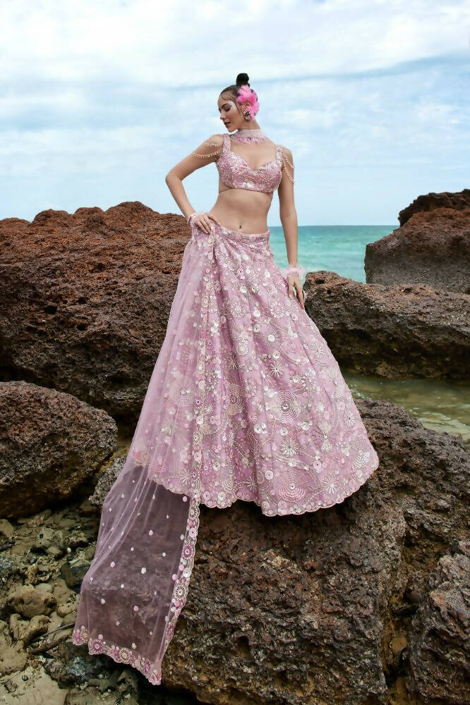 House of Panchhi Mauve Organza Sequins, Zarkan And Thread Embroidery Lehenga Choli & Dupatta | Swadesiicart