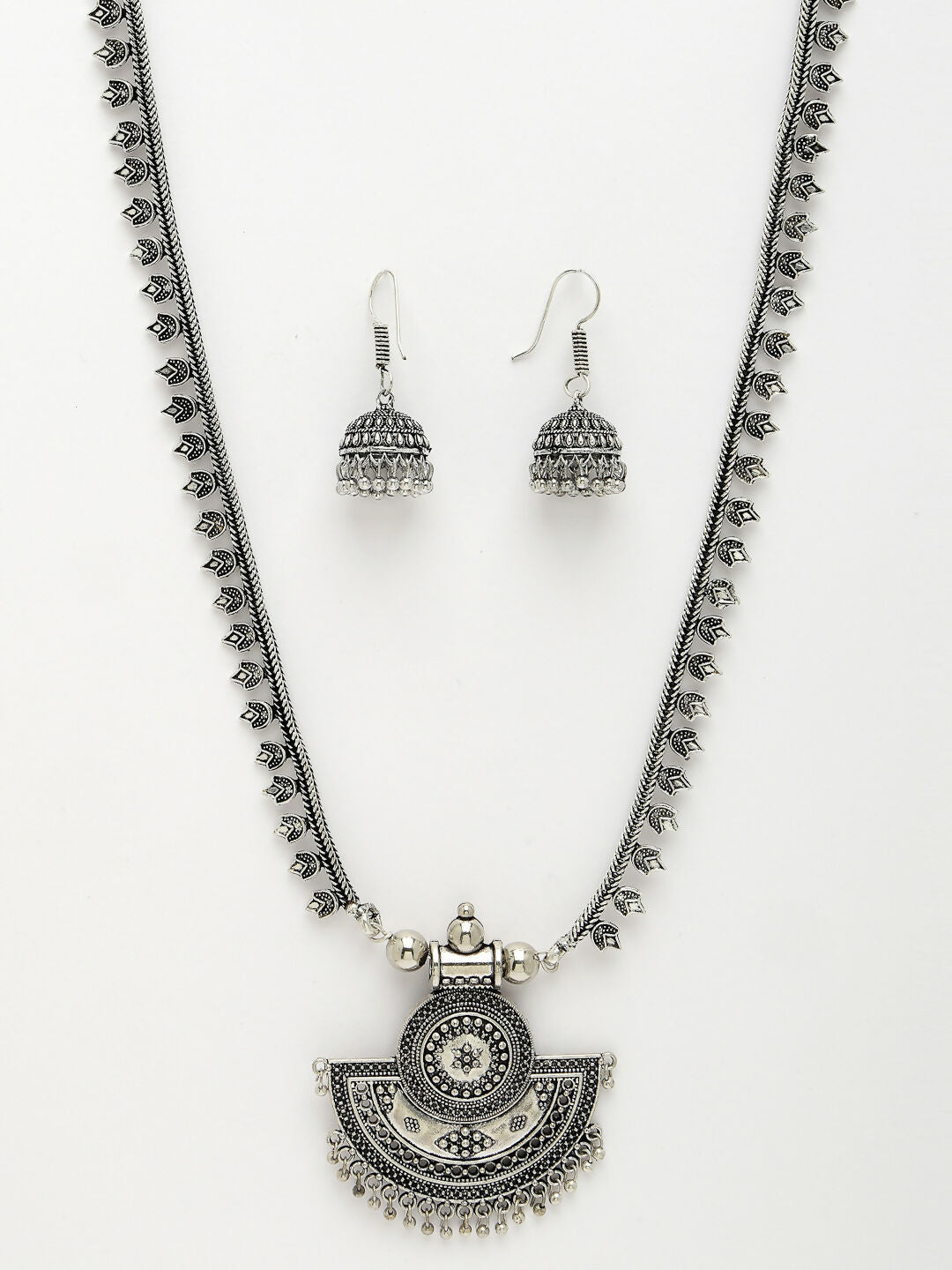 NVR Women's Silver-Toned German Silver Oxidised Necklace with Jhumka Earrings - Swadesiicart