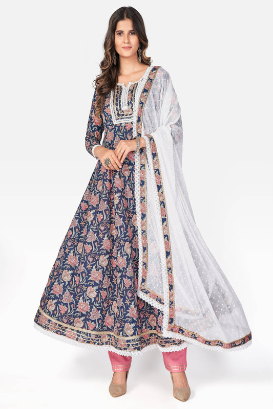 NOZ2TOZ Women Blue Anarkali Kurta With Pant & Dupatta (3pcs set) - Noz2Toz