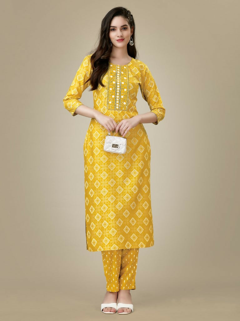 Jyoti Fashion Women's Yellow Rayon Embroidered Kurta Pant Set | Swadesiicart