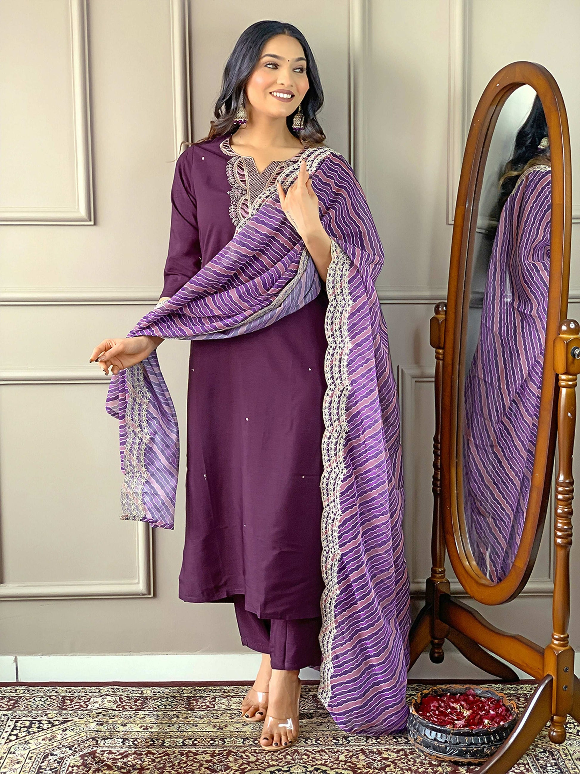Partywear Designer Viscose Silk Wine Stitched Suit With Dupatta - Tanisha | Swadesiicart
