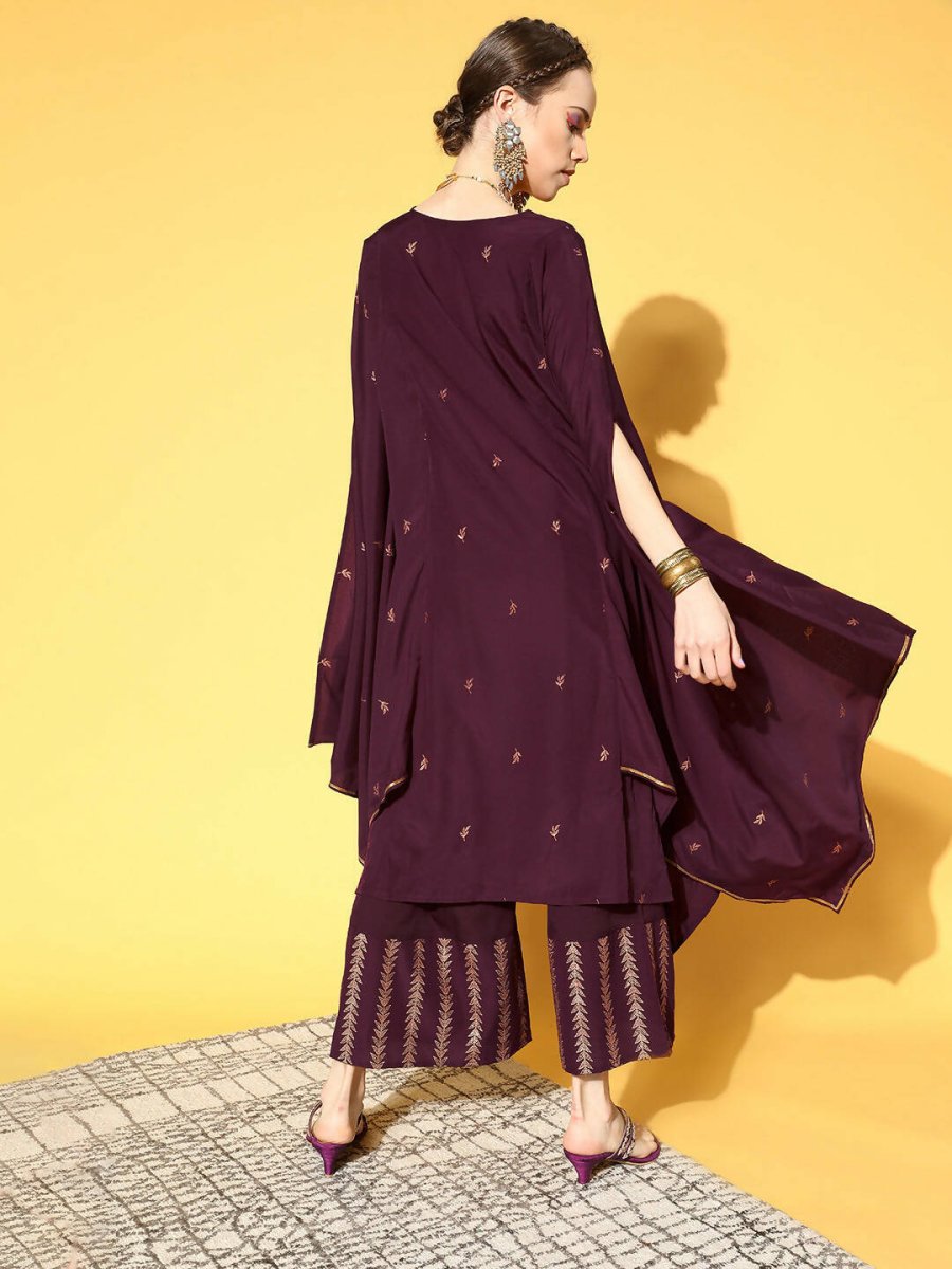 Ahalyaa Women Wine Colour Crepe Gold Glitter Print Kurta Palazzo Set | Swadesiicart