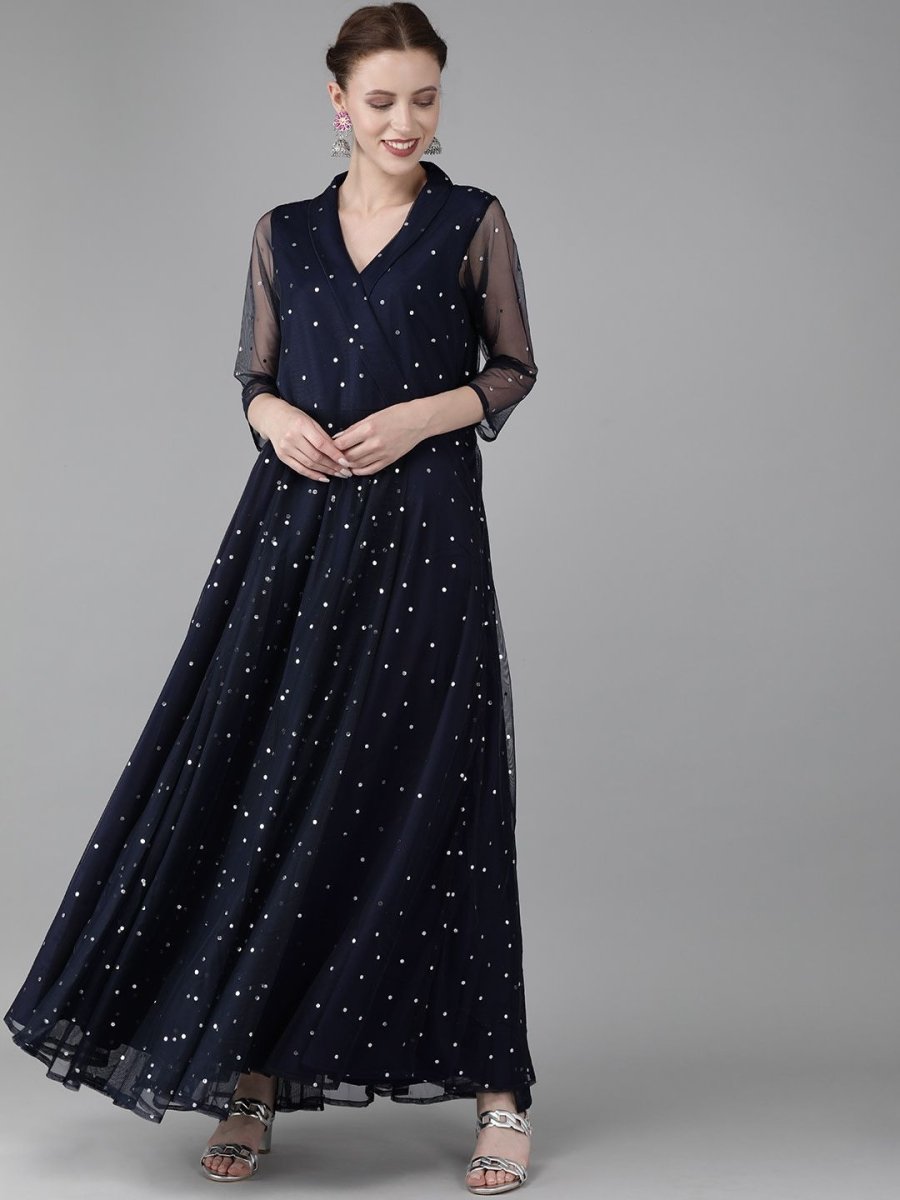 Ahalyaa Navy Blue Net & Crepe Silver Toned Polka Dots Printed Maxi Dress | Swadesiicart