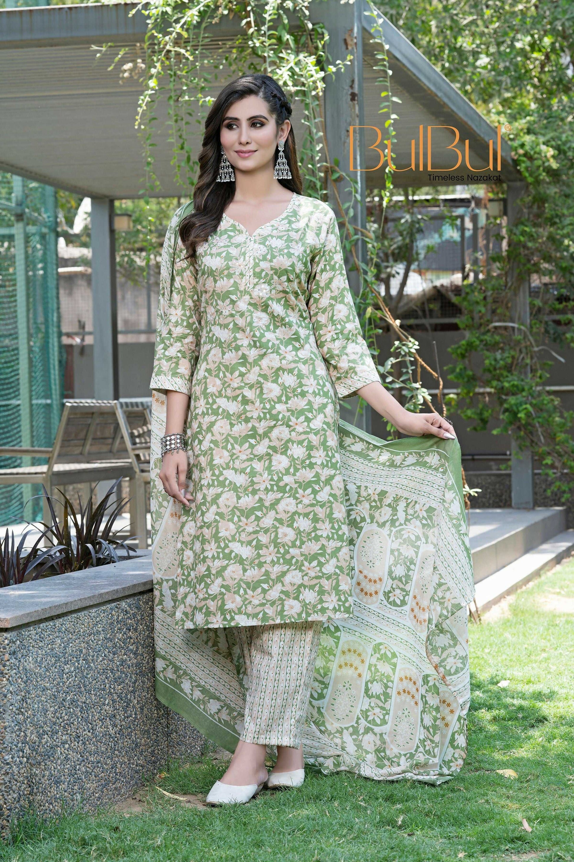 BulBul Fashionista Green Floral Cotton Kurta Set with Dupatta - Swadesiicart