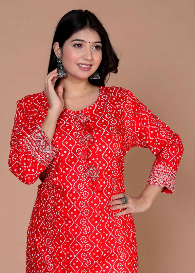 Miravan Women's Festive Wear Red Bandhani Printed Straight Kurta - Swadesiicart