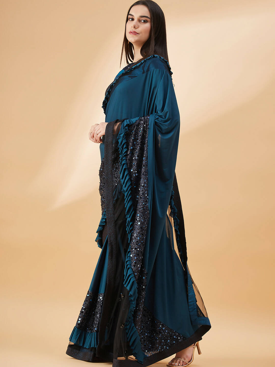 Peacock Blue Lycra Sequins Fabric. Frill Details, Handwork Buttis Saree - Norita Hit Design - Swadesiicart