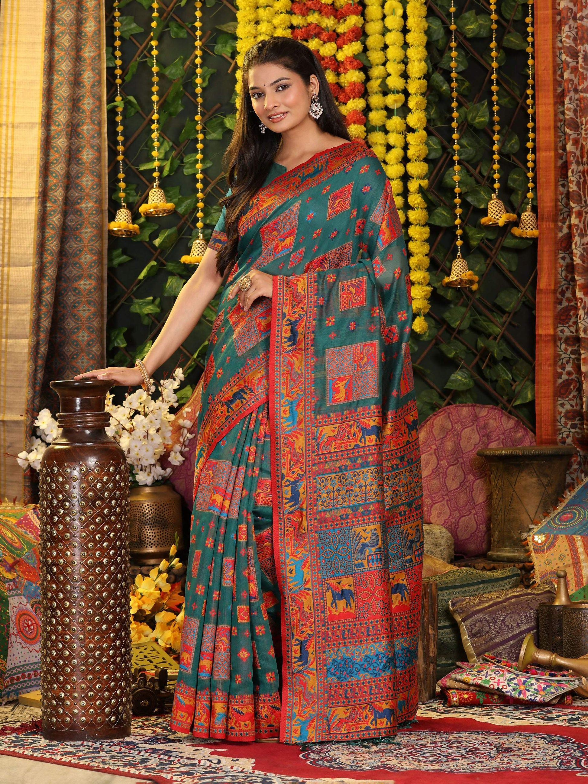 Shree Shyam Fashion Linen Cotton Rama Green Saree