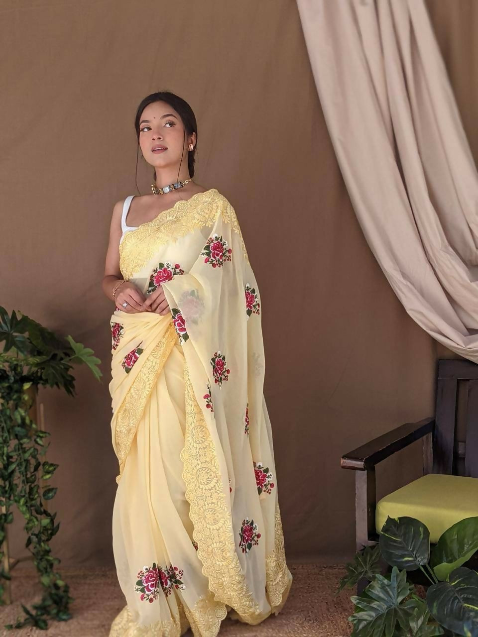 Vamsee Fana Yellow Georgette Silk Saree - Swadesiicart