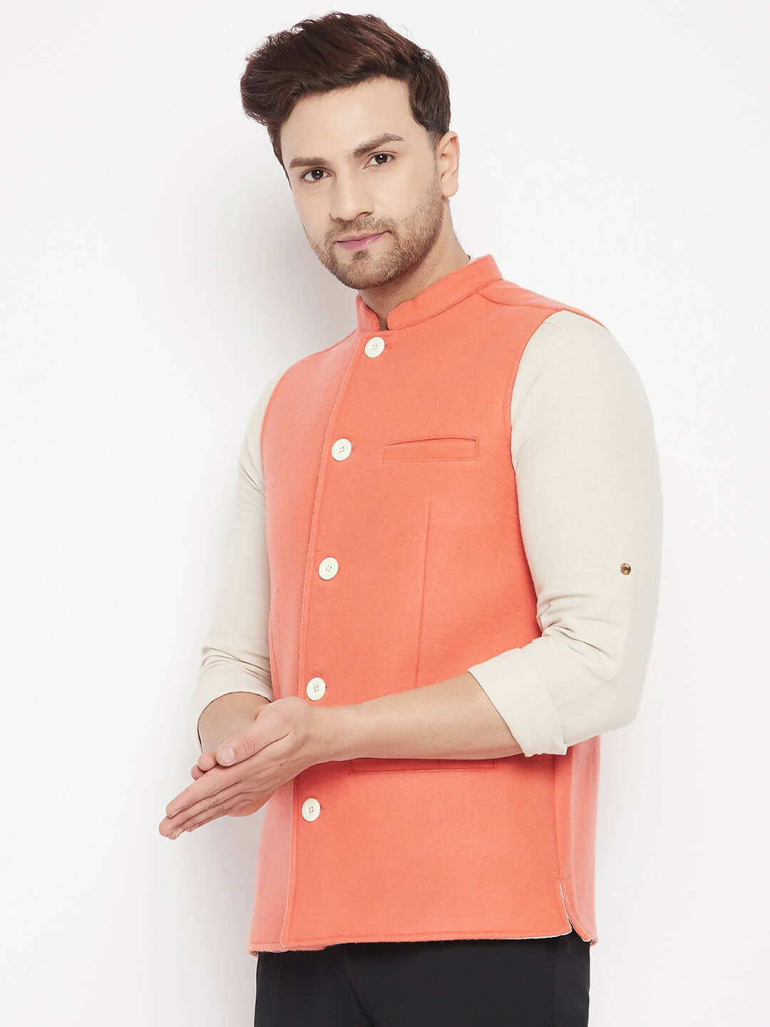 Even Apparels Orange Wool Men Woven Nehru Jacket | Swadesiicart