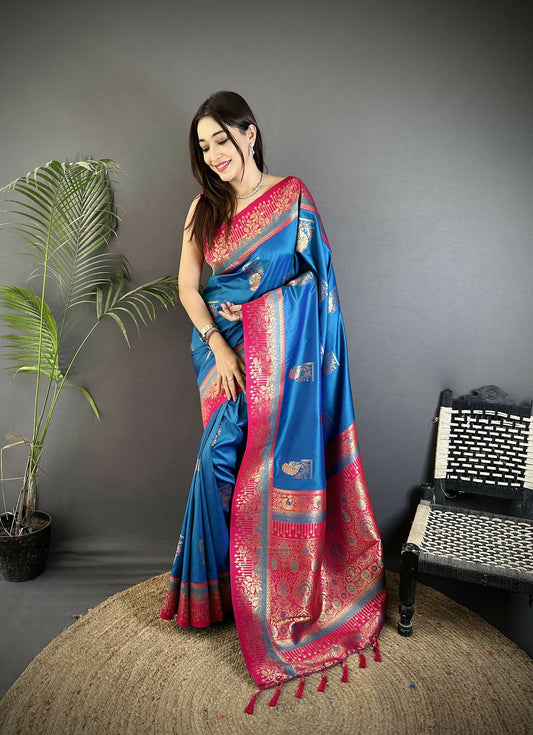 Joban Fashion Royal Blue Banarasi Soft Silk Peacock Butta Work Saree | Swadesiicart