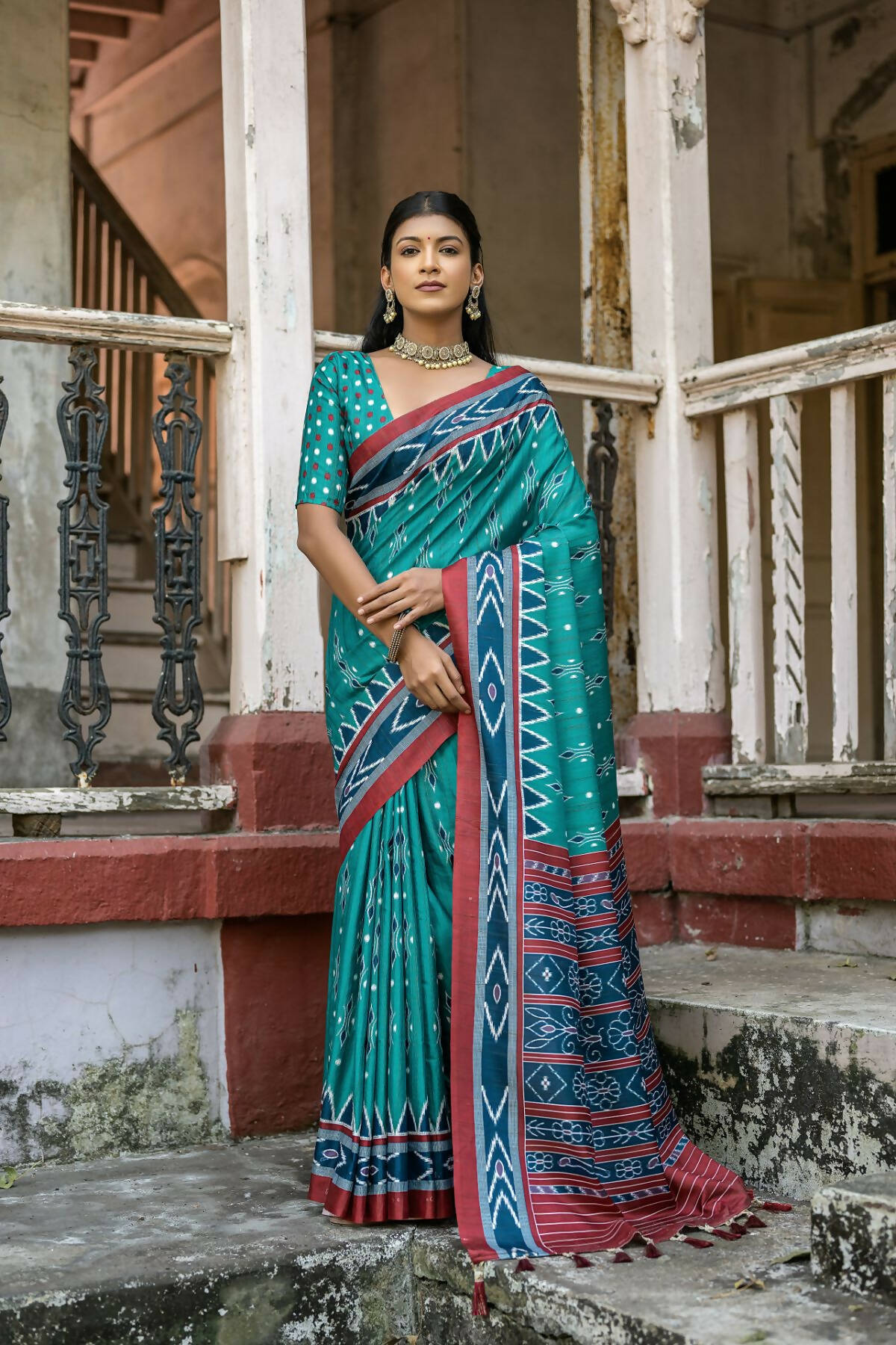 Vishnu Weaves Women's Rama Cotton Silk Printed Saree with Blouse - Swadesiicart