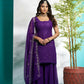 Aayaa Designer Faux Gorgette Embroidery Zari Sequins Thread work Full Flaired plazzo Suit with Dupatta - Purple