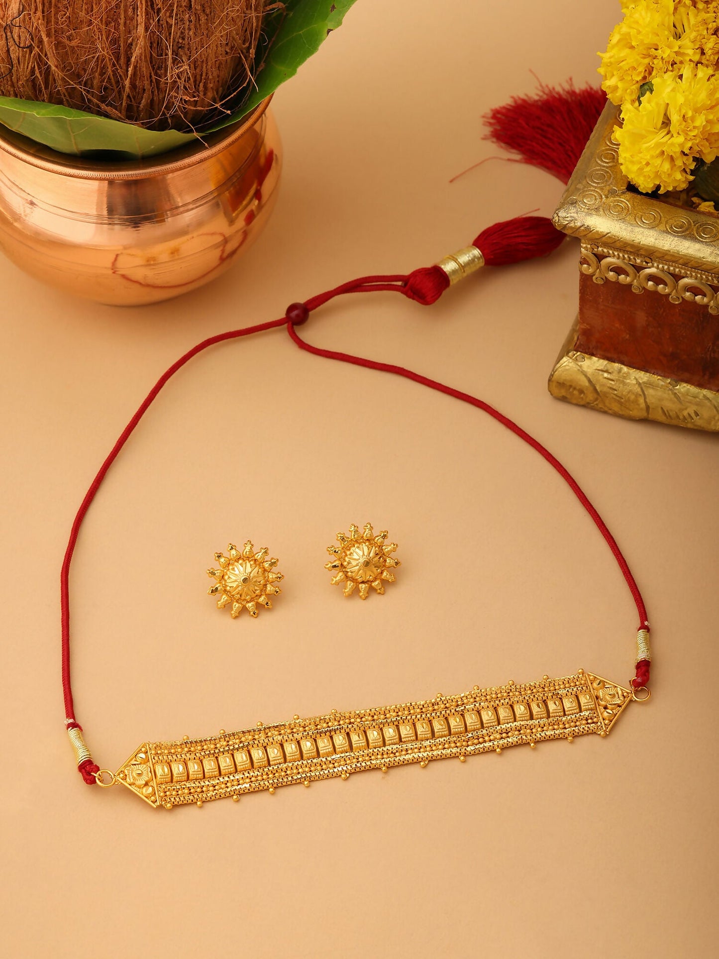 Ruby Raang Golden Choker with Round Studs | Swadesiicart