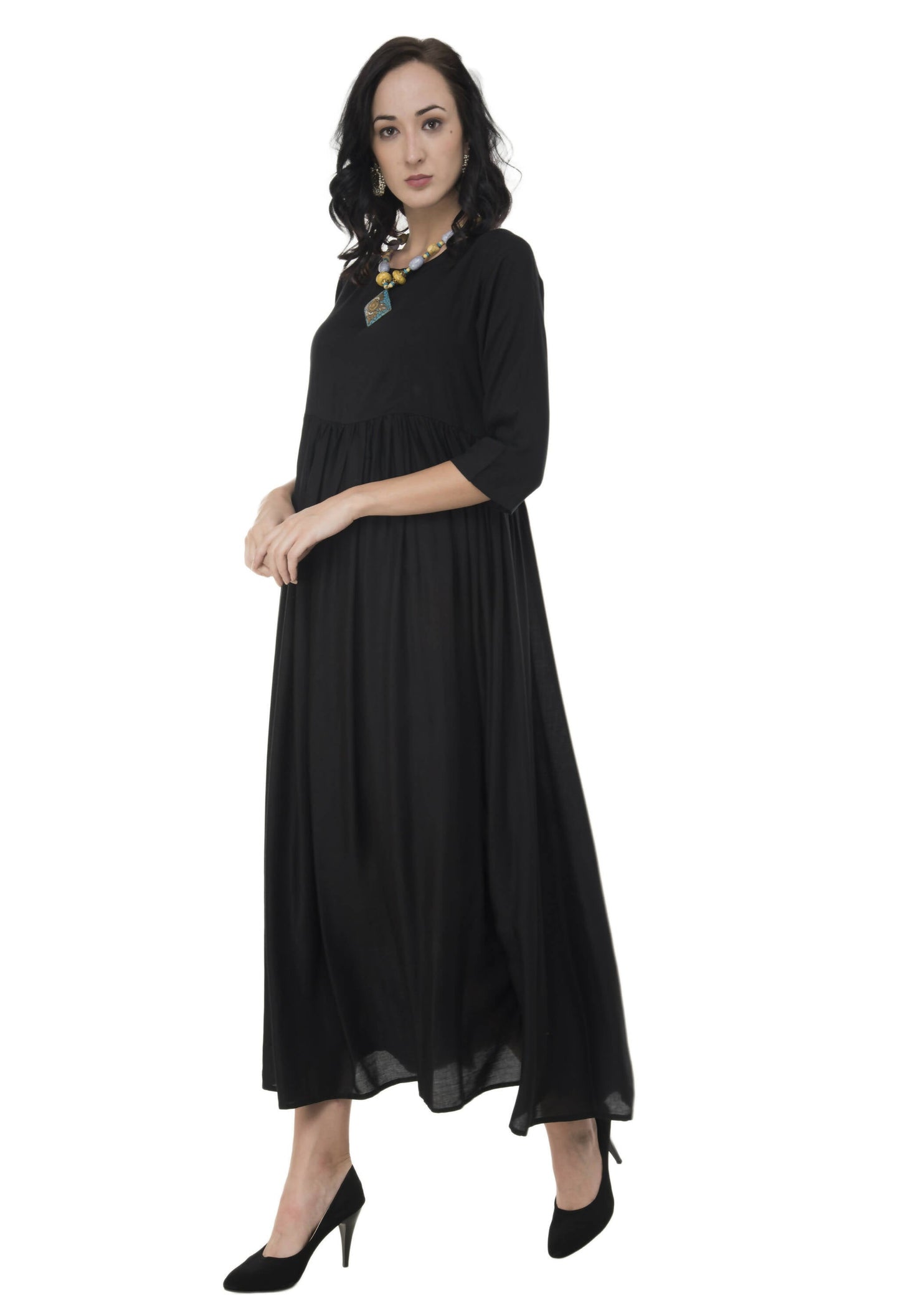 Women's Black Flared Kurti With Front Round Neck And Back Neck With Deep With Dori And Tassels - G & A Apparels | Swadesiicart
