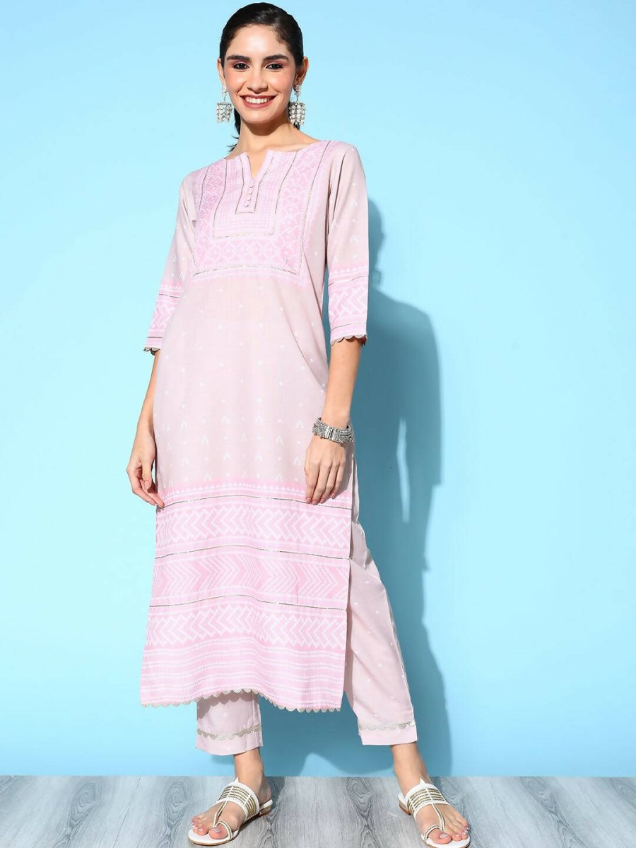 Ahalyaa Women's Beige Cotton Blend Printed Kurta Pant Set | Swadesiicart