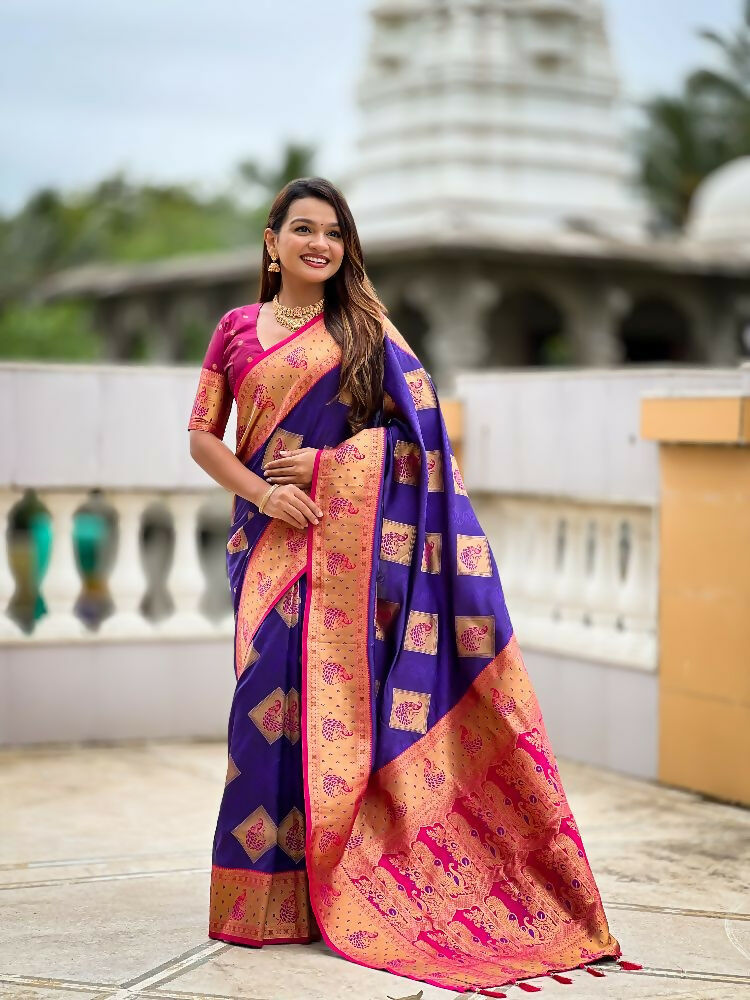 PR Fashion Violet Soft Banarasi Silk With Zari Weaving Meenakari Design Saree | Swadesiicart