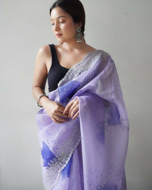 Vamsee Shirovastra Print Lavender Organza Saree - Swadesiicart