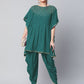 Ahalyaa Women Dark Green Crepe Glitter Printed Kurta with Dhoti Pants | Swadesiicart