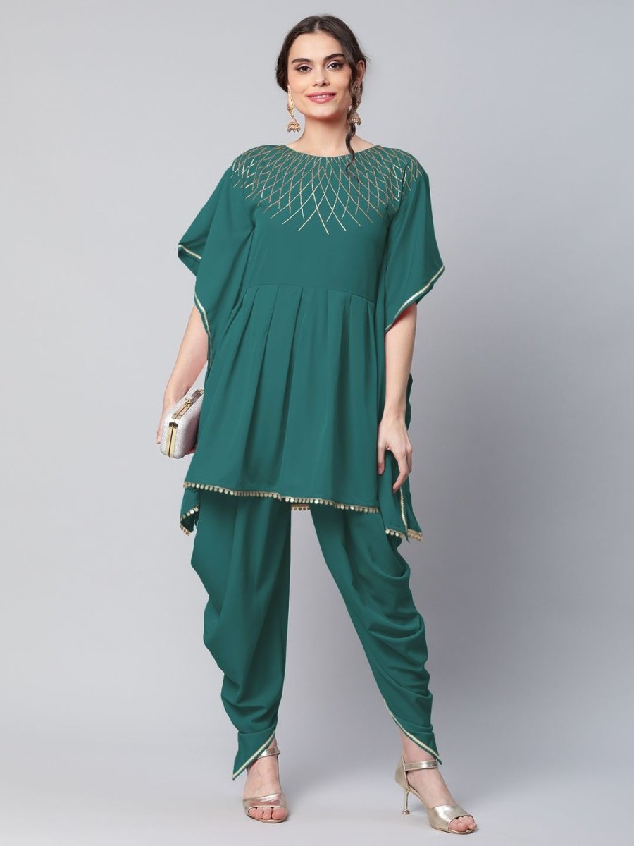 Ahalyaa Women Dark Green Crepe Glitter Printed Kurta with Dhoti Pants | Swadesiicart