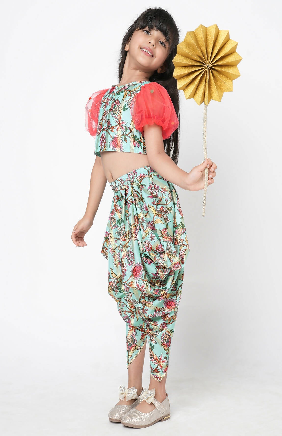 Lil Drama Golden Weaves Blue Crop Top With Dhoti Co-Ordinate Set - Swadesiicart