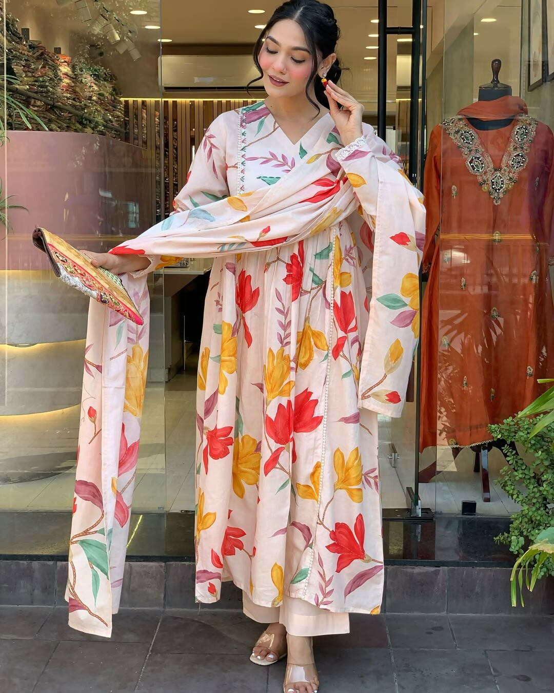 The52 Peach Women's Gorgeous Cotton Fabric Printed Work Straight Kurta Pant and Dupatta Set - Swadesiicart
