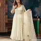 The52 CreamWomen's Gorgeous Embroidered Vichitra Silk Fabric Flared Kurta Pant with Dupatta Set - Swadesiicart