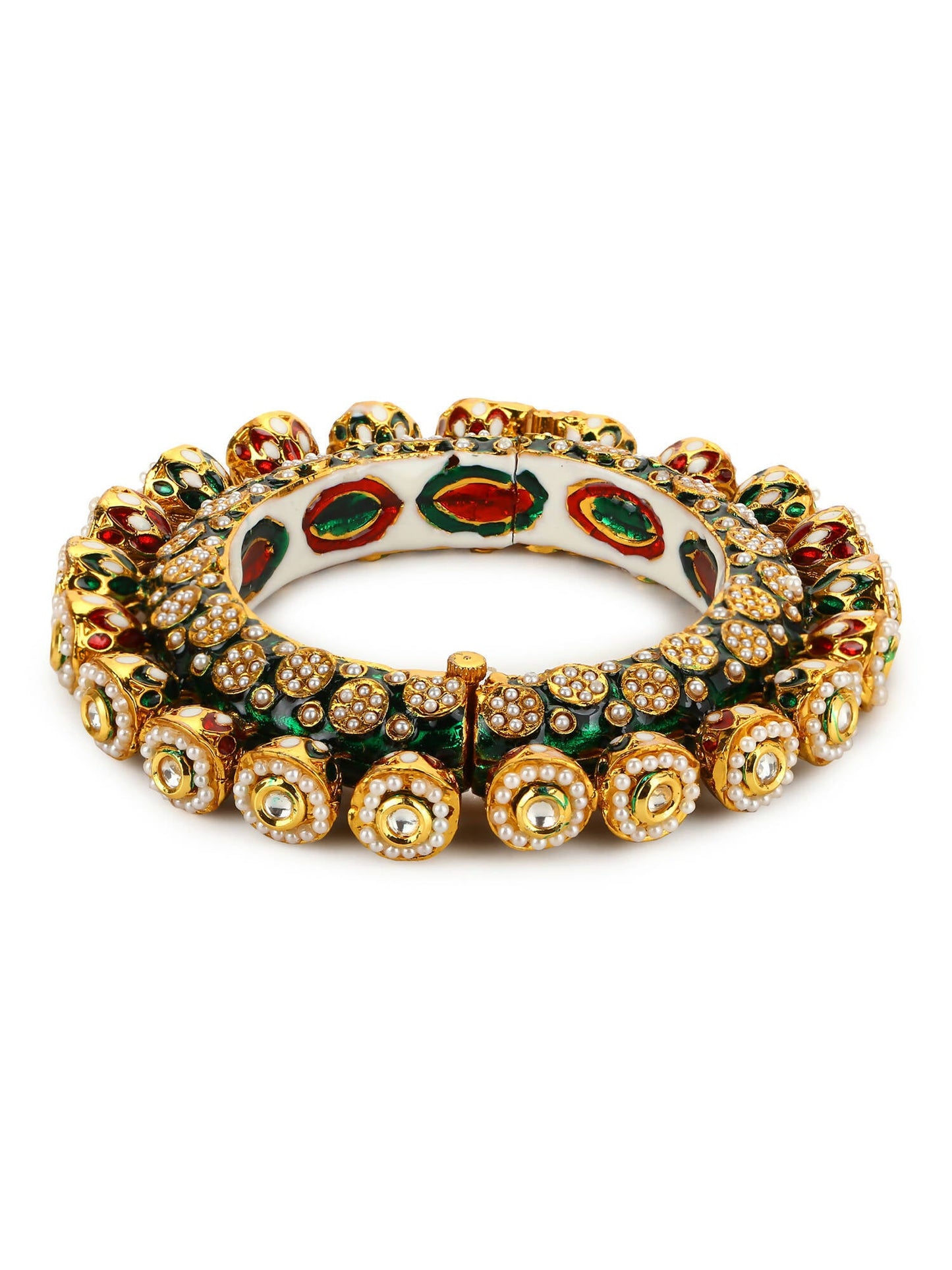 Gold-Polished Green Navratan Meenakari Bangle - Ruby Raang - Swadesiicart