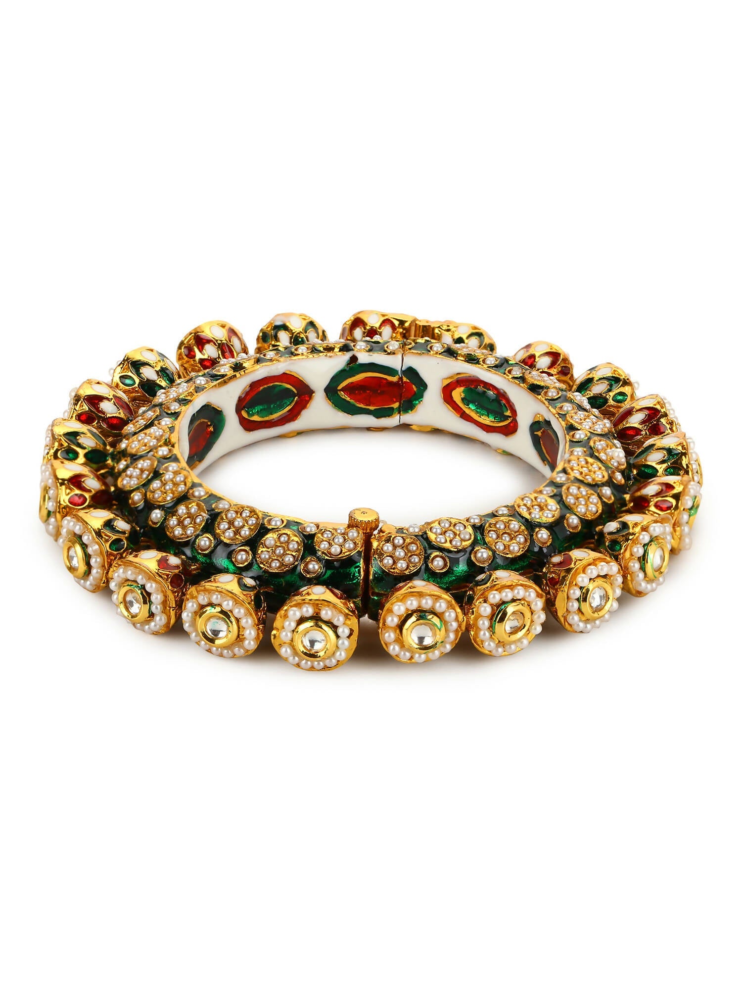 Gold-Polished Green Navratan Meenakari Bangle - Ruby Raang - Swadesiicart