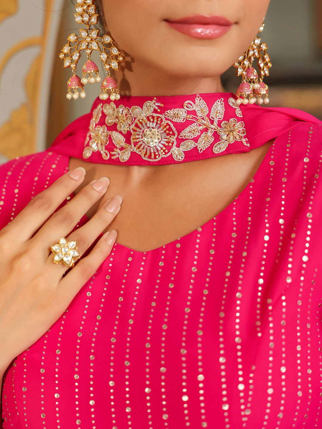 Janasya Pink Georgette Foil Print Lehenga Choli Dupatta | Swadesiicart