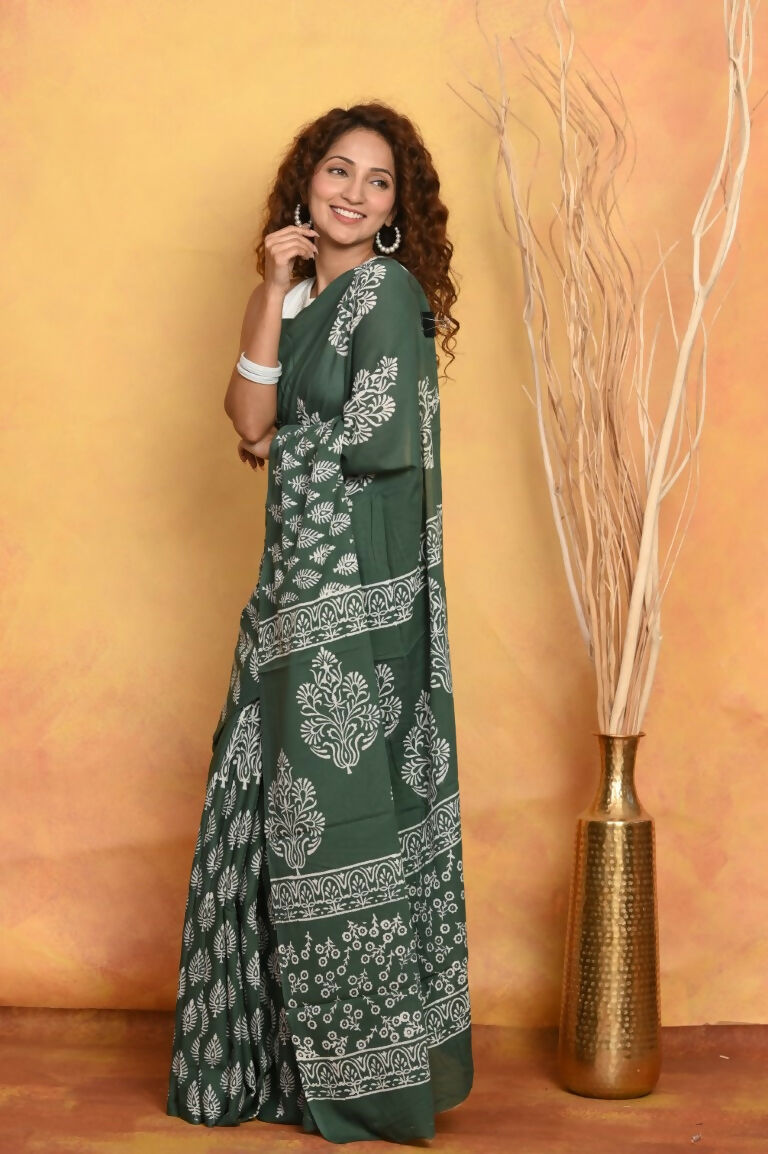 Very Much Indian Handblock Printed Cotton Saree With Natural Dyes - Green | Swadesiicart