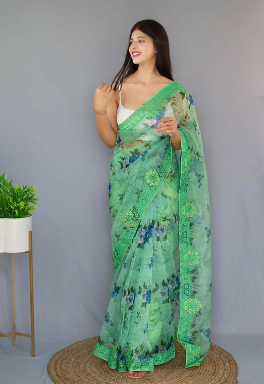 Vamsee Man Mohini Pista Green Organza Saree - Swadesiicart